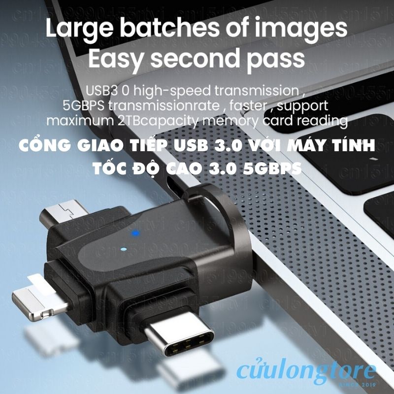 Đầu Đọc Thẻ Nhớ 3.0 OTG 4 Trong 1 TF Card Micro SD máy ảnh đa năng iphone type c micro usb tốc độ cao cho điện thoại máy tính