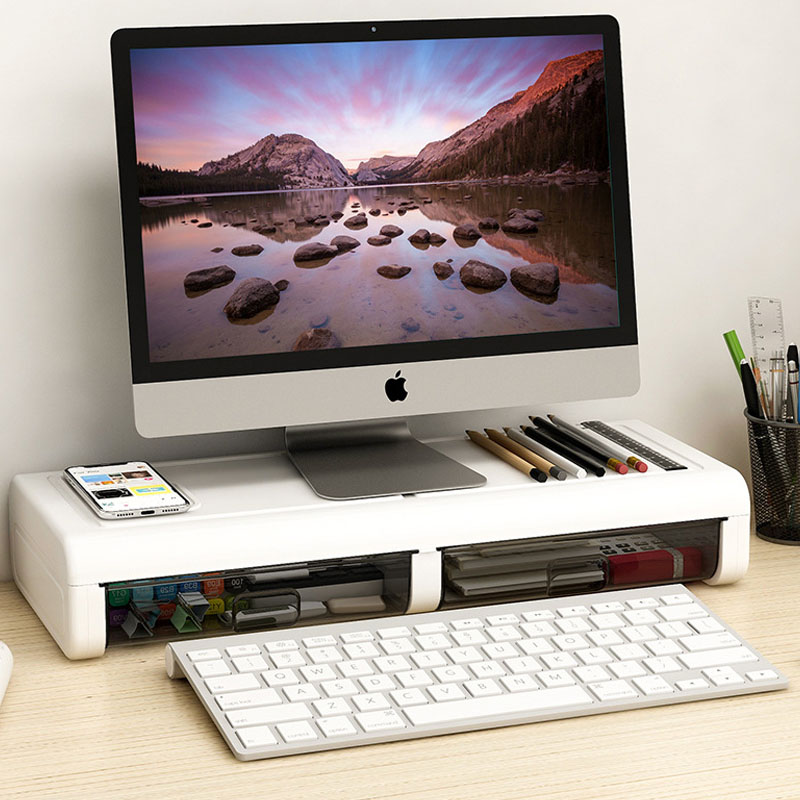 XMDS Desktop computer, elevated shelf, office desktop, monitor, screen base, bracket, keyboard, organize, shelf