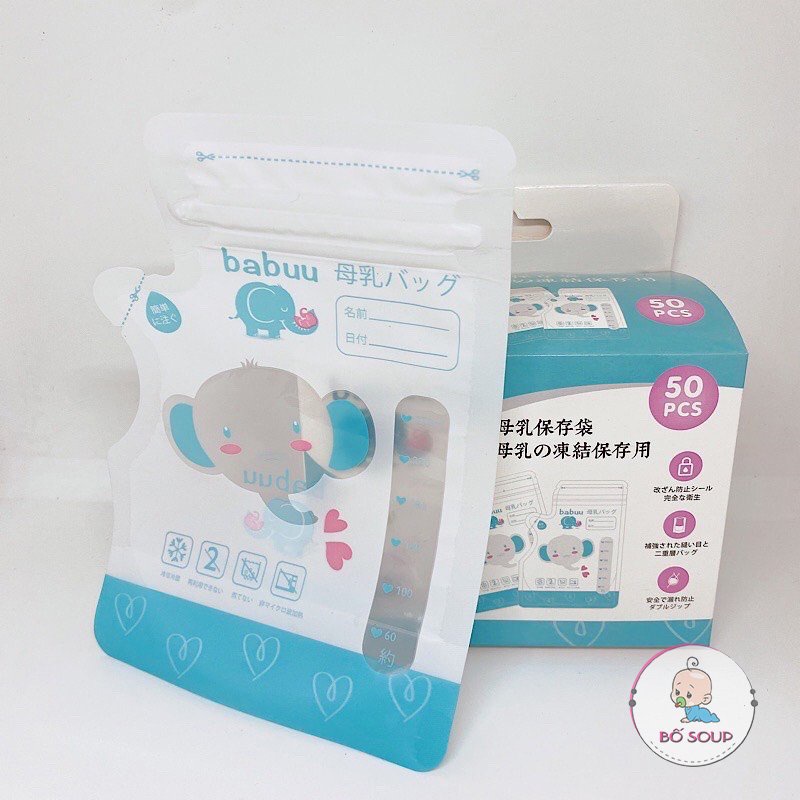 HCM Túi trữ sữa Babuu Baby Nhật 100ml, 250ml hộp 50 chiếc có vòi