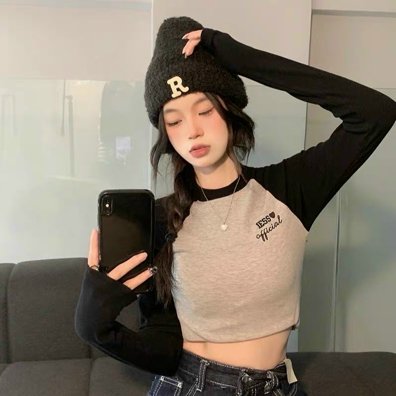Áo crotptop tay dài cổ tròn 1ESS OFICIAL chất thun co dãn 4 chiều, áo thun croptop tay dài cổ tròn