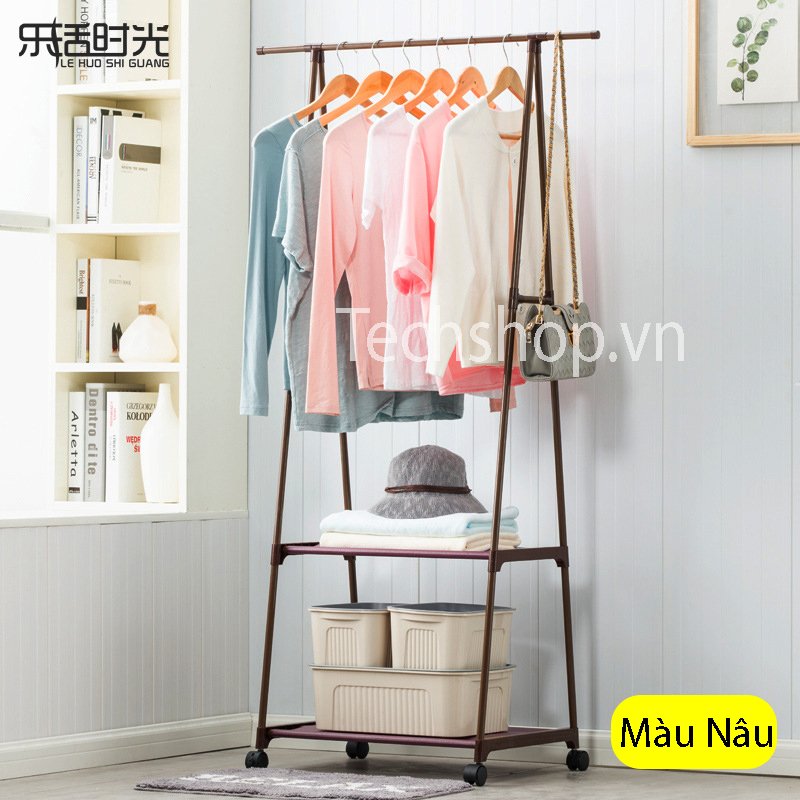 Kệ treo quần áo chữ A loại lắp ráp khung kim loại 2 tầng có bánh xe di chuyển - Giá treo quần áo đa năng - Kệ máng quần áo phòng ngủ - Kệ để giày dép, túi xách, balo