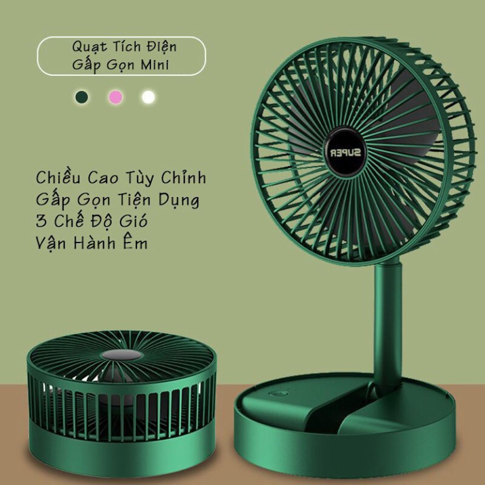 Quạt Tích Điện Để Bàn Mini Super Fan Gấp Gọn Có Thể Kéo Dài 3 Tốc Độ Gió Xoay 360 Cổng Sạc Usb Tiện Dụng