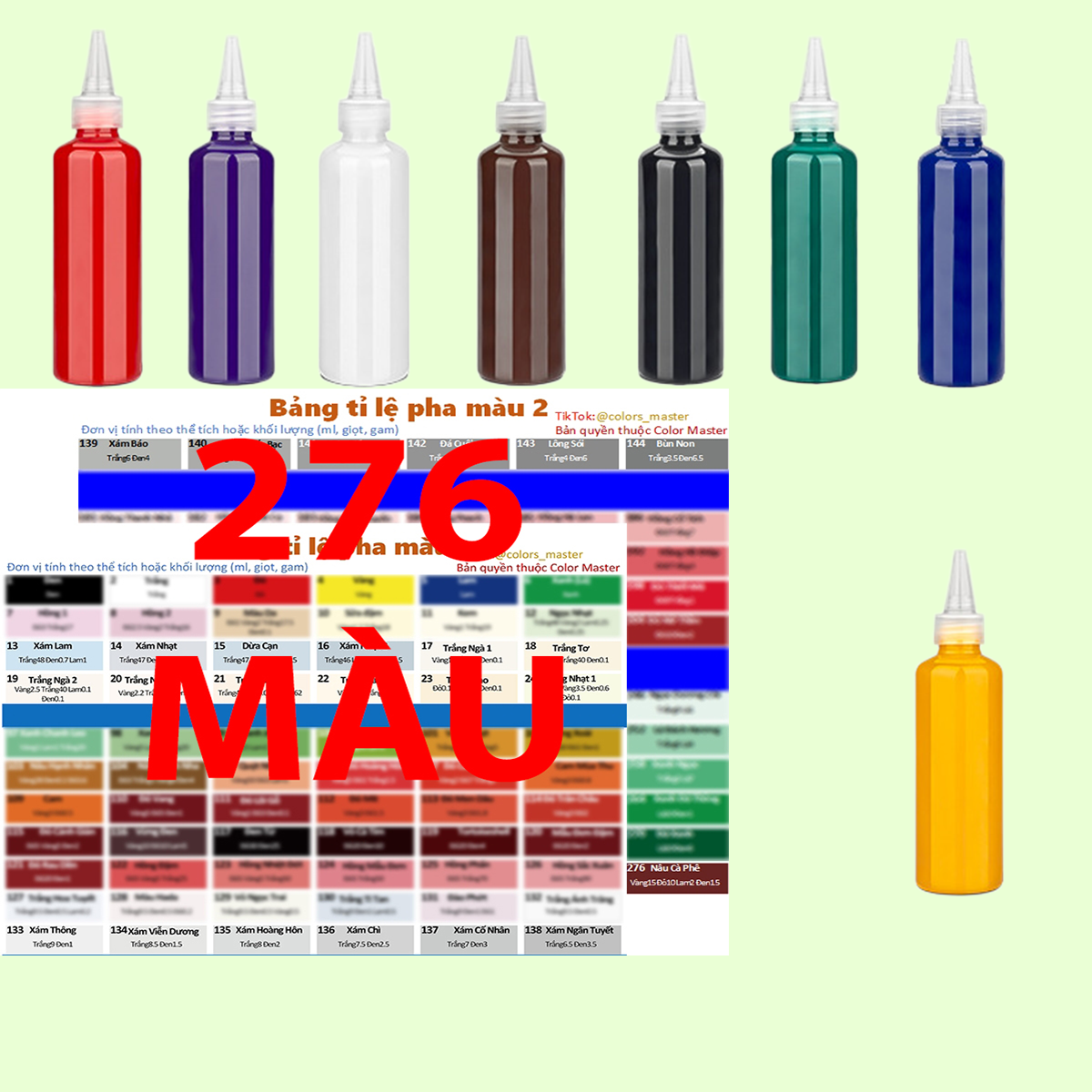 COMBO06 Bảng tỉ lệ pha 276 màu+08 lọ sơn màu vẽ acrylic 100ml dùng trong