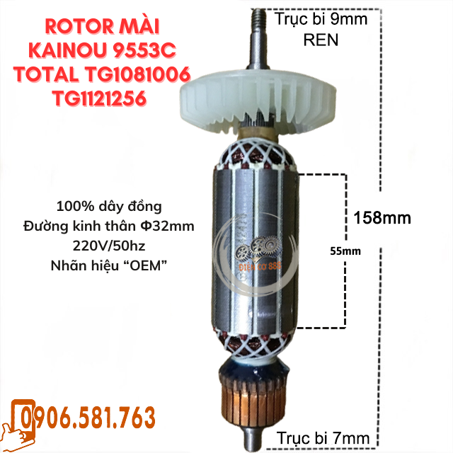 Rotor mài Kenyo Kainou 9553C, Total TG1081006, TG1121256 ,Thân 32mm Dài 159mm 220V - Tặng chổi than