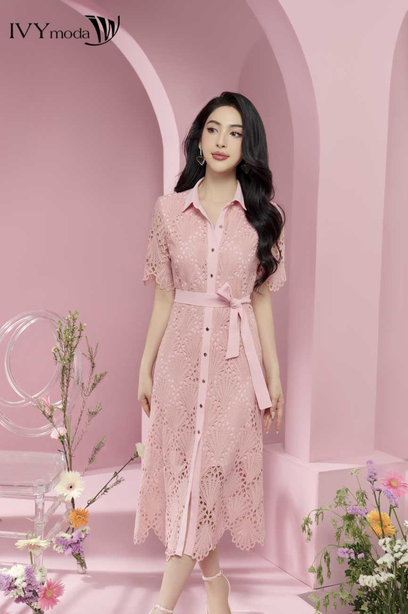 Đầm ren phối đai nơ ivy moda ms 48m8331