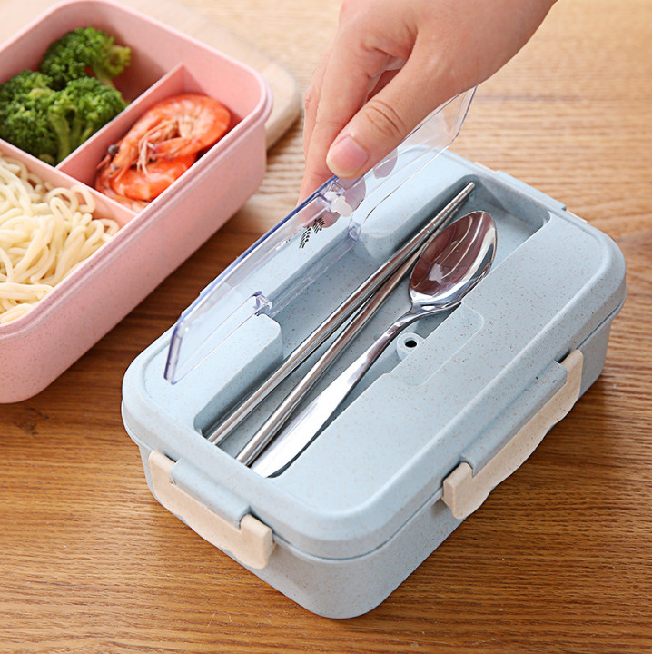 Hộp Cơm Giữ Nhiệt Bento Dung Tích 1000ml 3 Ngăn Có Kèm Đũa Muỗng Chất Liệu Nhựa PP Lúa Mạch Có Thể Cho Dùng Lò Sóng