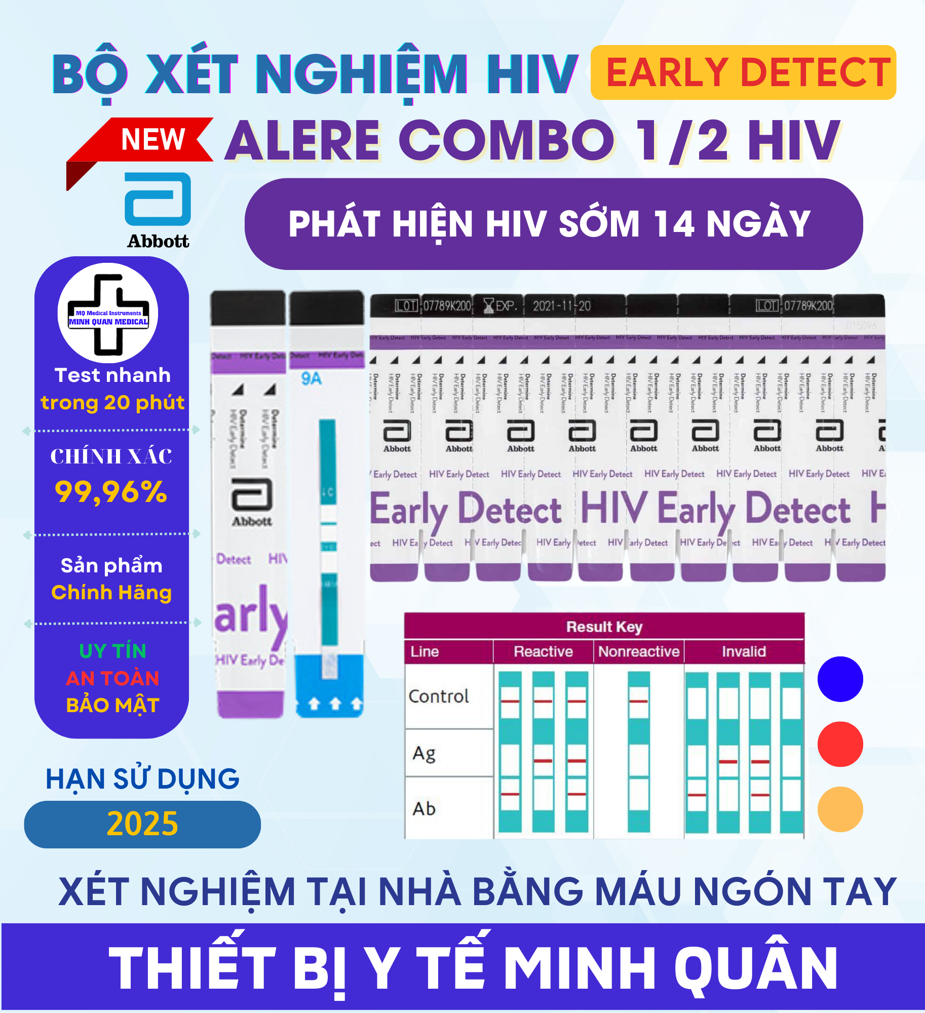 Bộ test xét nghiệm nhanh HIV Combo Alere 1/2 ( Ag/Ab) thế hệ 4, Thương hiệu Abbott, Giúp phát hiện HIV sau 14 ngày có nguy cơ