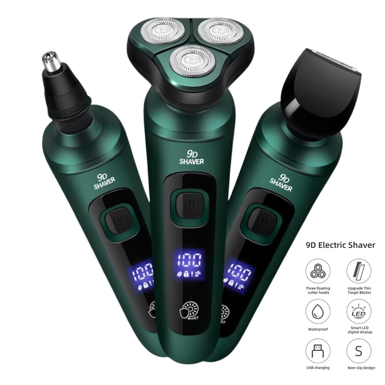 Máy Cạo Râu 9D Lưỡi Dao Kép đa năng, đầu tông đơ cắt tỉa lông mũi, chống nước IPX7, sạc pin màn hình kỹ thuật số hoạt động êm ái