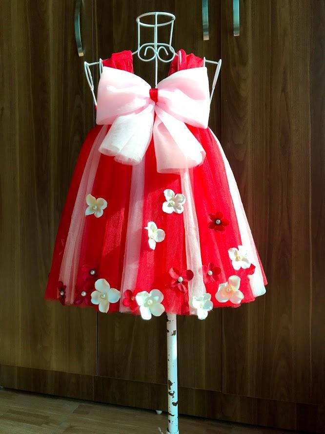 Váy tutu đỏ phối hồng phấn nhạt nơ hồng phấn