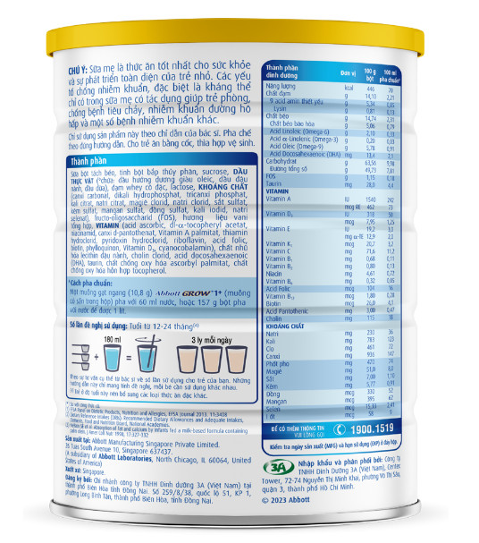 Sữa Abbott Grow 1+ 850g (1-2 tuổi) (Tên cũ: Abbott Grow 3 900g)
