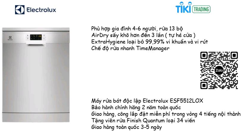 [HÀNG CHÍNH HÃNG]Máy rửa chén độc lập Electrolux ESF5512LOX