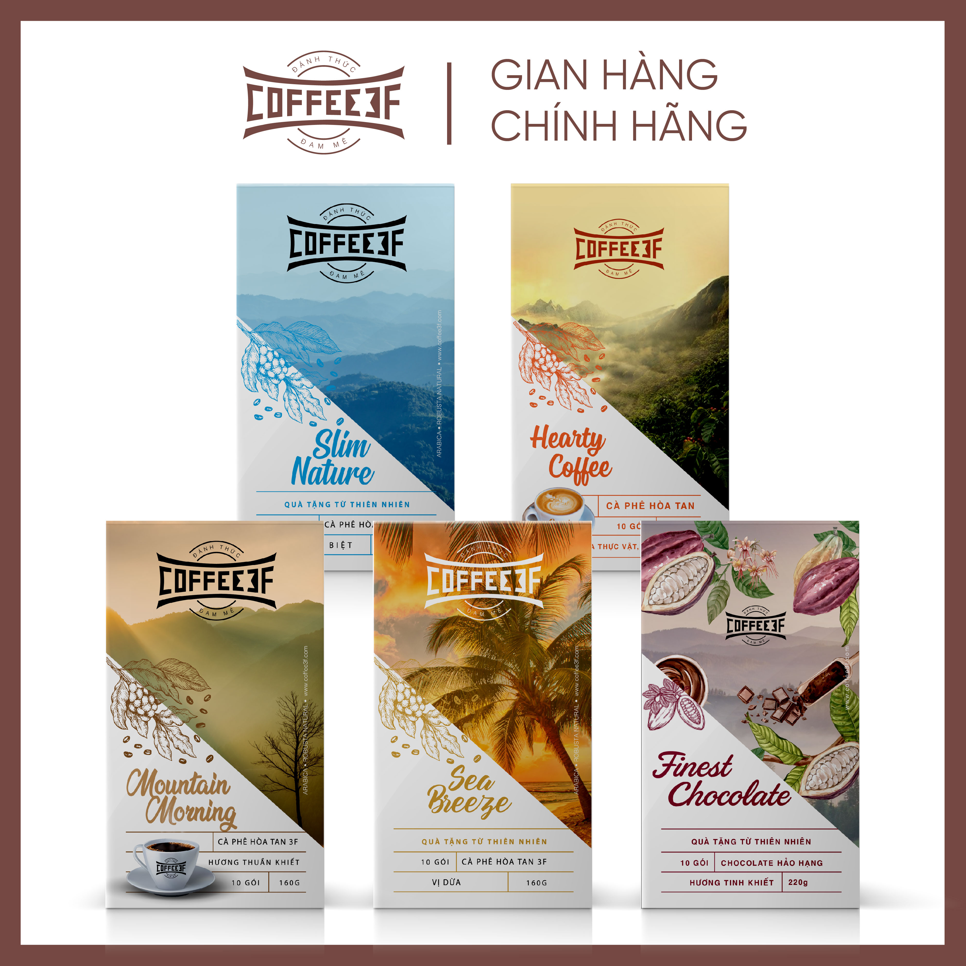 Combo 5 vị cà phê và cacao hoà tan (5 hộp x 10 gói/hộp) - Coffee 3F