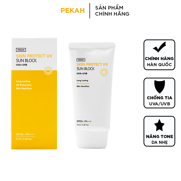 Kem chống nắng vật lý PEKAH Hàn Quốc bảo vệ khỏi tia UV nâng tone nhẹ Skin Protect UV Sun Block SPF 50+ PA+++ 70ml