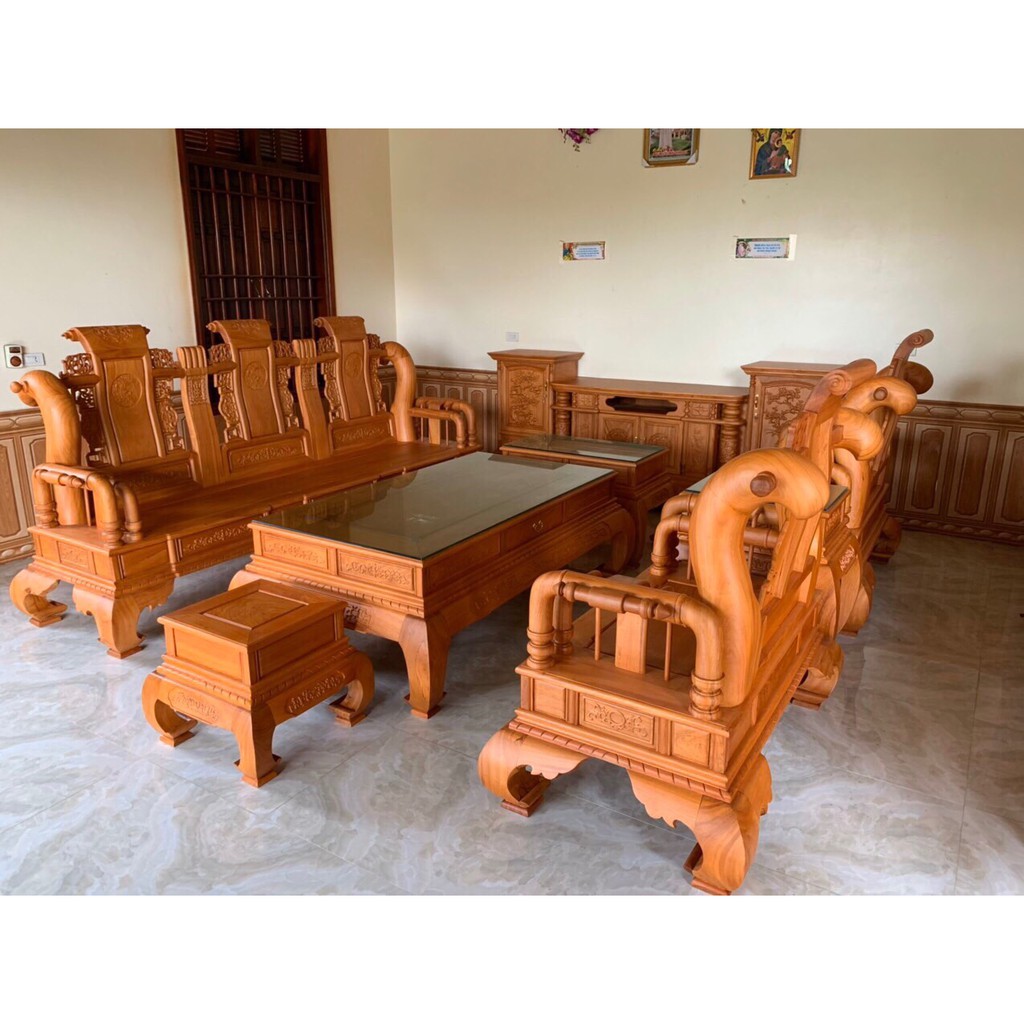 Bộ Tần Thủy Hoàng 6 món gõ đỏ cột 12, bộ bàn ghế gỗ phòng khách