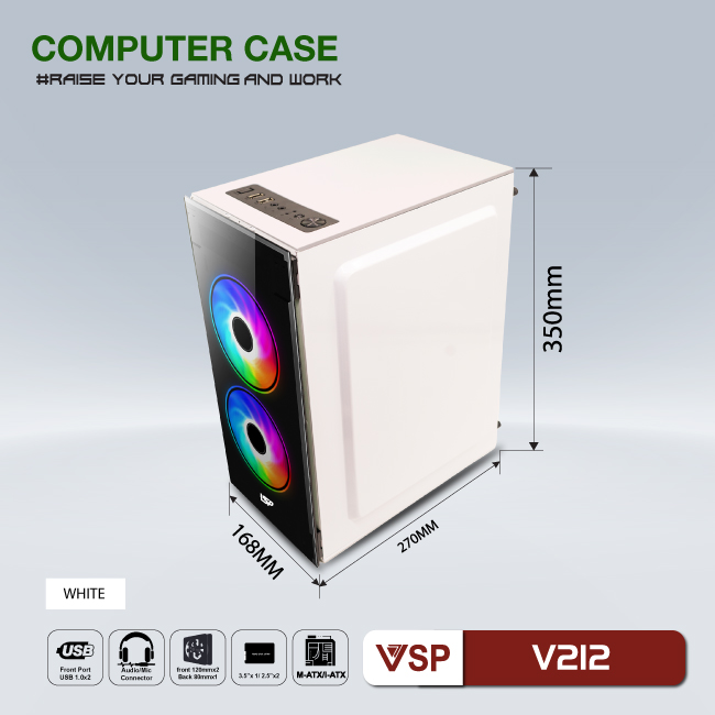 Vỏ Case máy tính Văn phòng/Gaming VSP V212 (Trắng/Hồng/Xanh/Đen) Chưa bao gồm Fan Case
