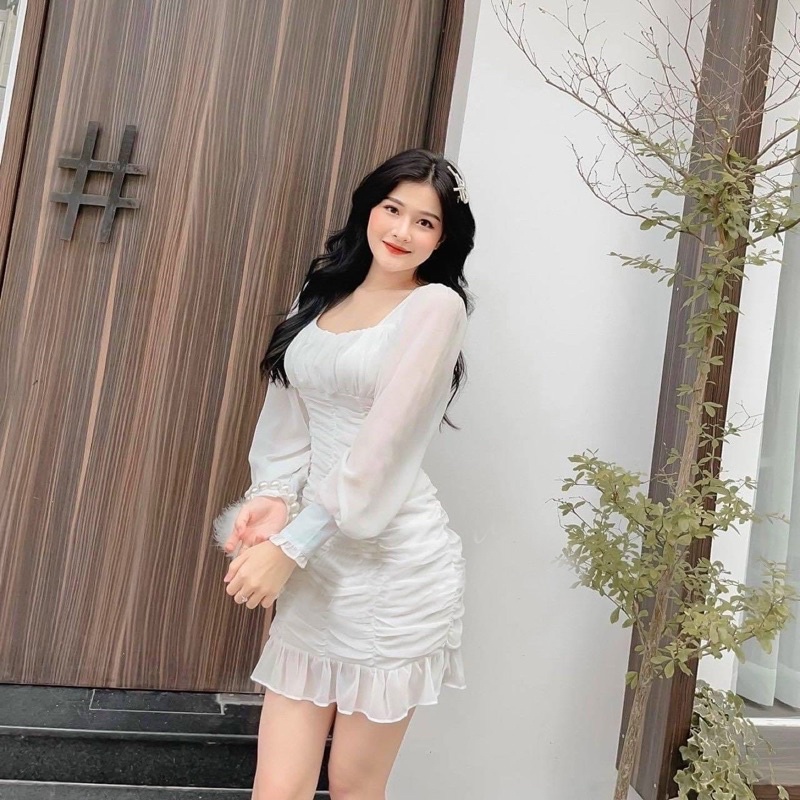 ĐẦM TRẮNG TAY DÀI, TÙNG NHÚN (có ảnh thật) MS78