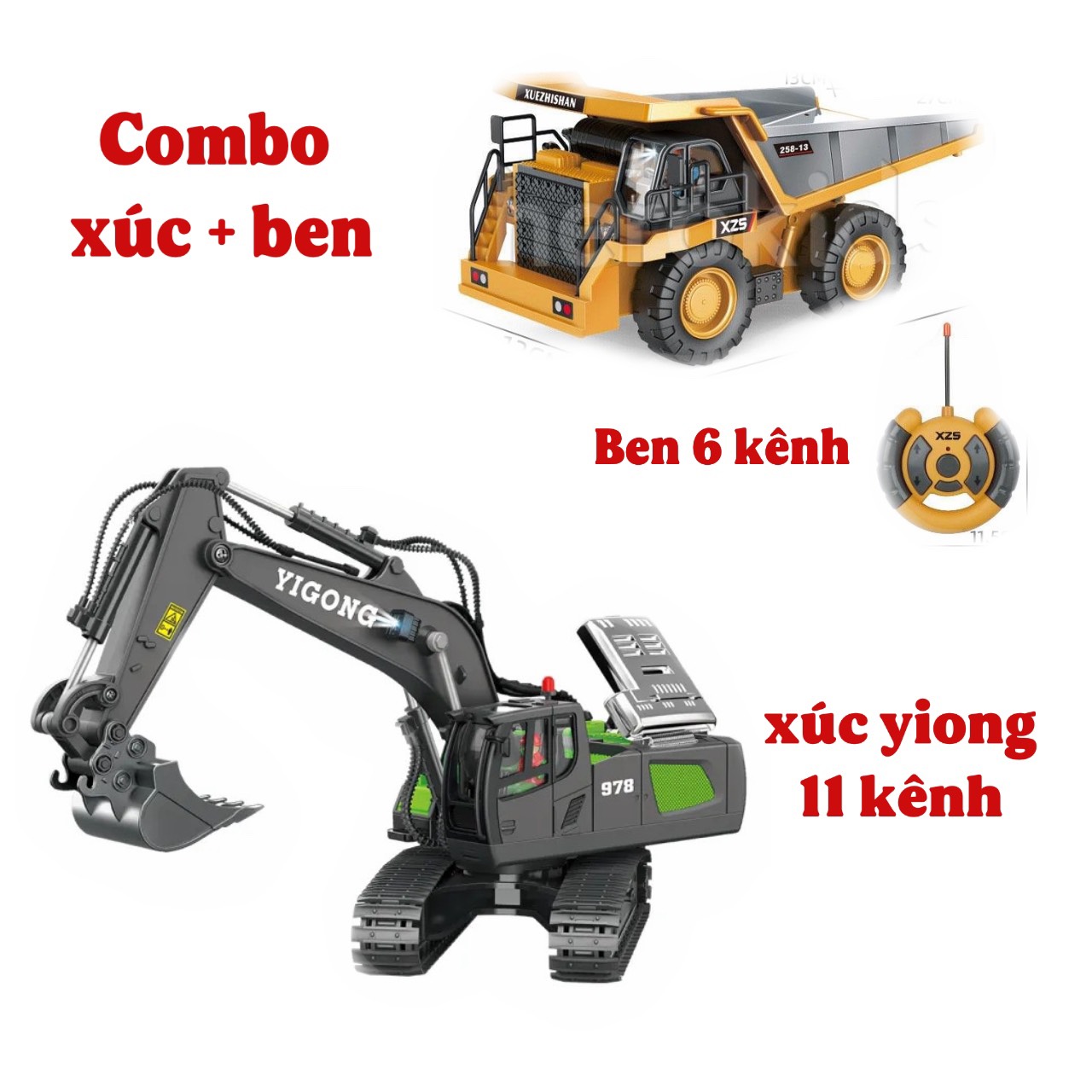 Combo xe máy xúc 11 kenh Xuezhishan - xe ben xe ủi ( phần ben , ủi , gầu xúc bằng kim loại)