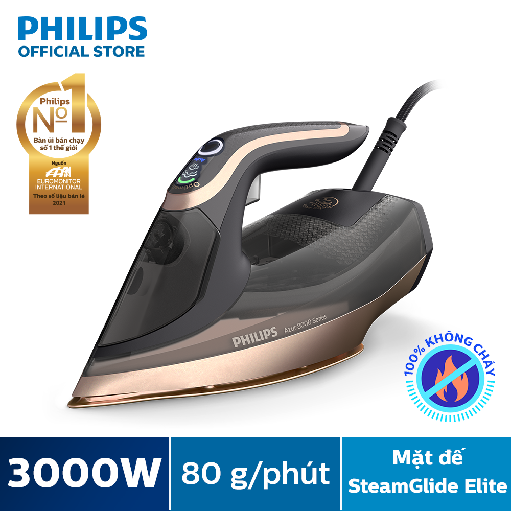 Bàn Ủi Hơi Nước Philips DST8041/80 Azure 8000 Series - Công Suất Mạnh Mẽ 3000W, Optimaltemp Không Cháy, Khoang Chứa Nước 350ML, Hơi Phun 80G/Phút, Dynamiq Cảm Biến Hơi Phun Tự Động - Hàng Ph