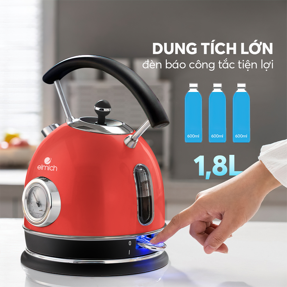 Ấm đun nước siêu tốc Elmich KEE 1776 (Dung tích 1.8L, Mầu Đỏ, Công suất 2.200W)