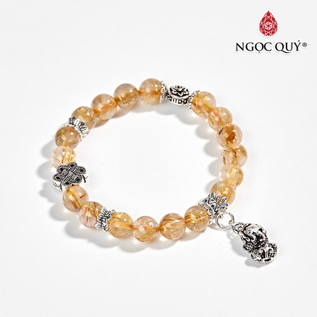 Vòng tay thạch anh tóc vàng phối charm tỳ hưu treo hạt 8mm - ngọc quý