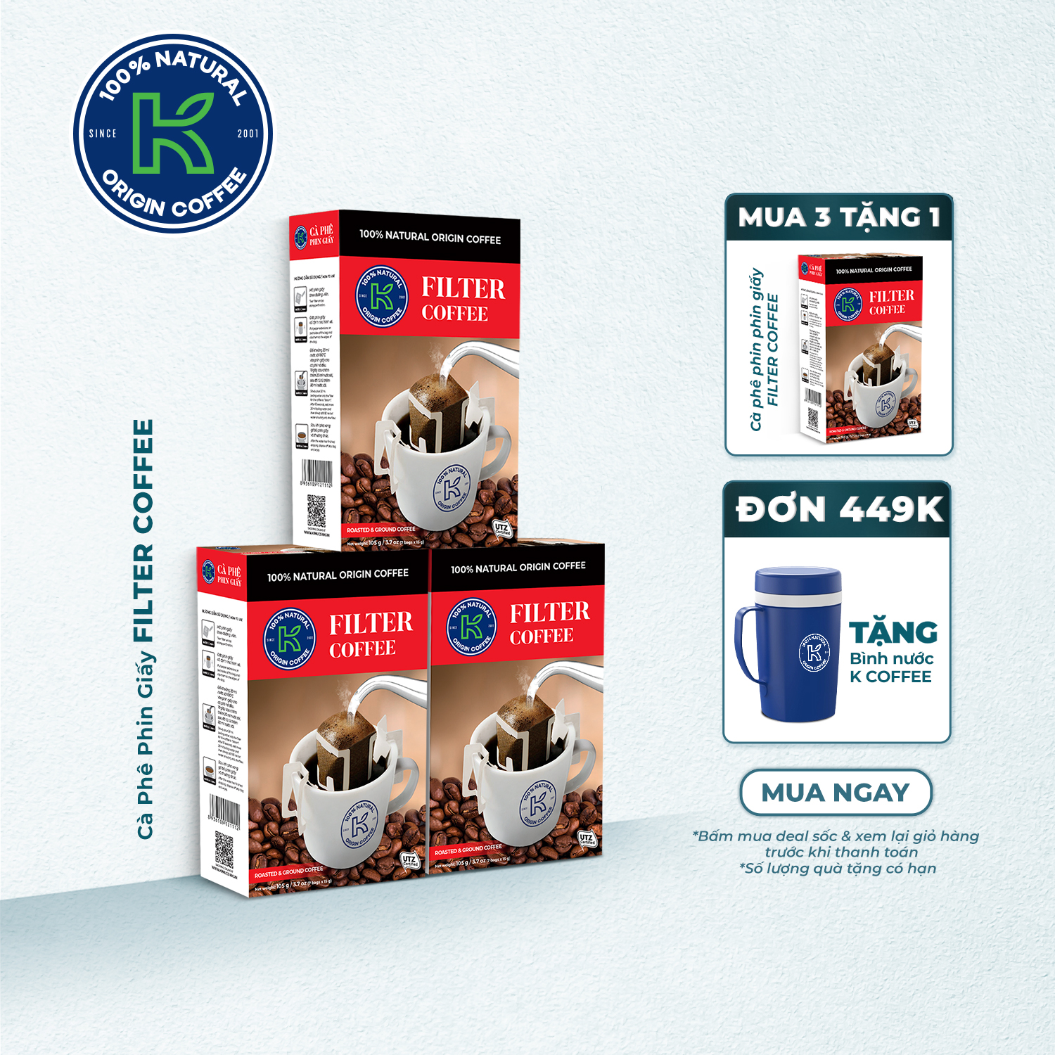 Cà Phê Phin Giấy Nguyên Chất K Filter 105g (Hộp 7 gói x 15g) - Thương Hiệu K COFFE2