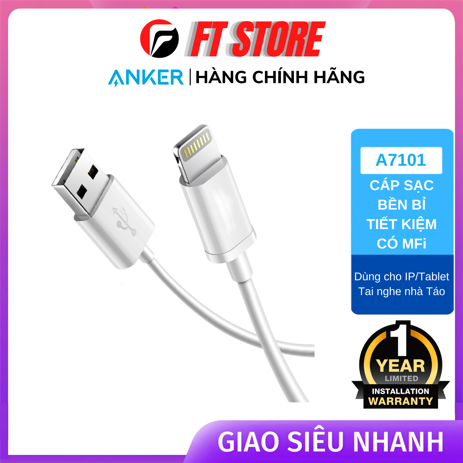 [GIAO HỎA TỐC] Cáp sạc Anker 0.9m chuẩn MFI cho iphone/ipad A7101