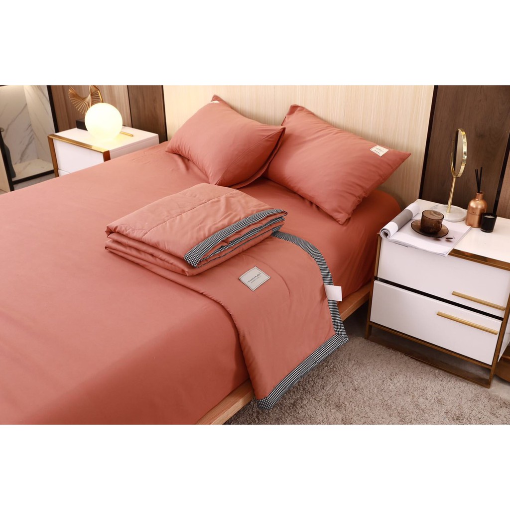 Bộ Chăn Ga Gối Cotton Đũi ( Chần Mền Hè) Màu Cam