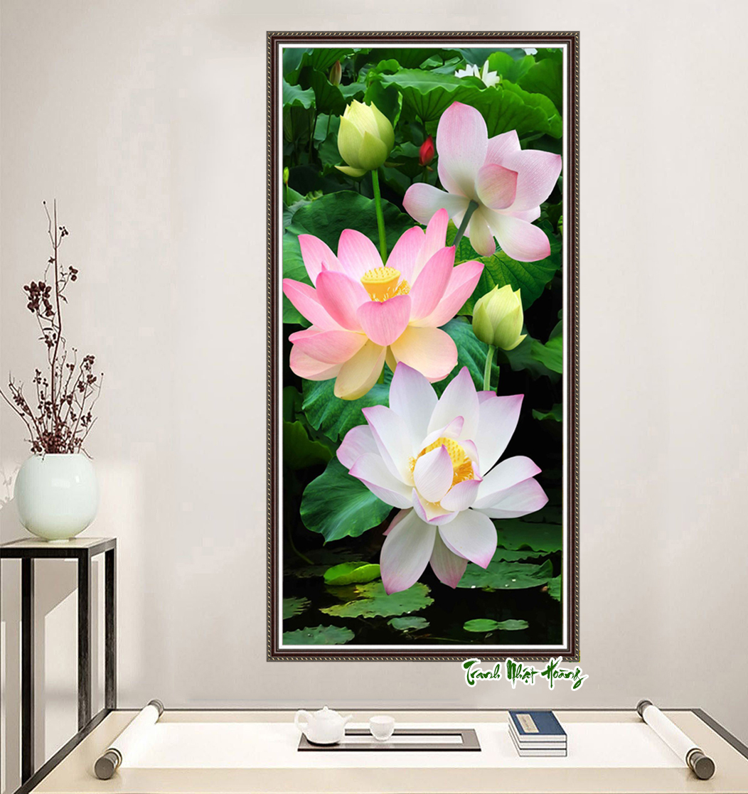 Tranh 3D dán tường hoa sen pp có in viền