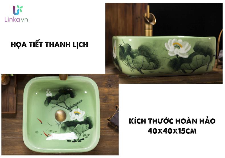 Chậu rửa lavabo LAV0057 gốm sứ men xanh cao cấp – Họa tiết hoa sen trắng trang nhã