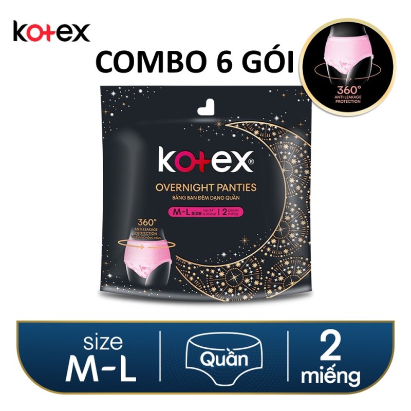 COMBO 6 gói băng vệ sinh Kotex Đêm dạng quần vừa vặn chống tràn 360 size ML (2 miếng/gói)X6 cao cấp