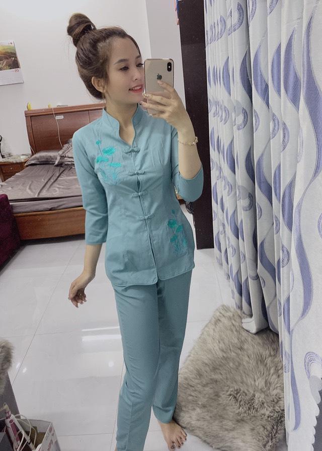 [HCM]Bộ đồ phật tử thêu sen cổ tàu vải Kate