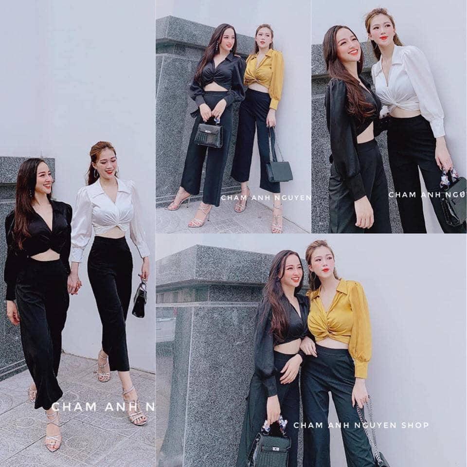 Áo croptop phi bóng tay dài xoắn ngực cực xinh TTKX0306