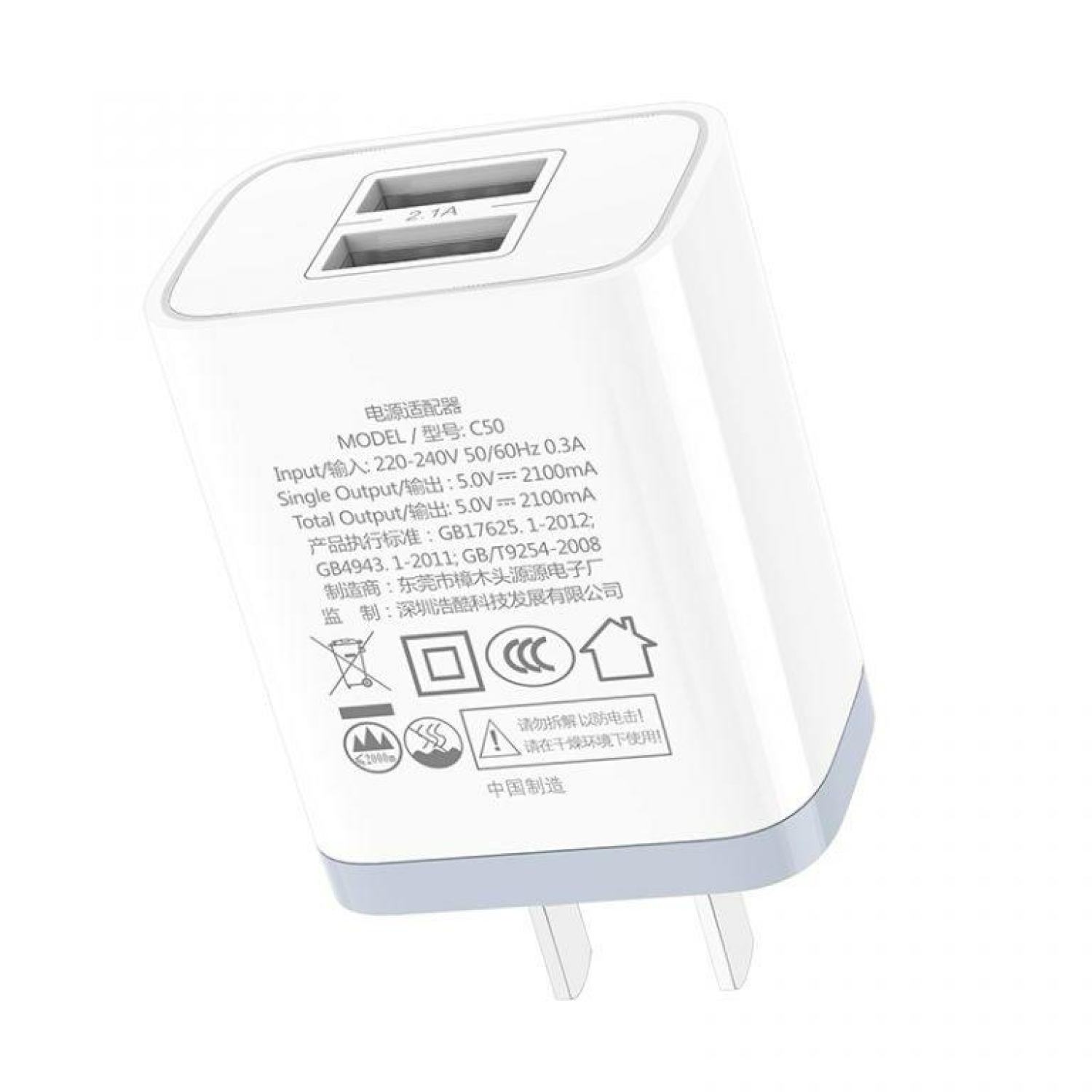 Củ sạc Hoco c50 2 cổng USB, hỗ trợ sạc nhanh 2.1A.
