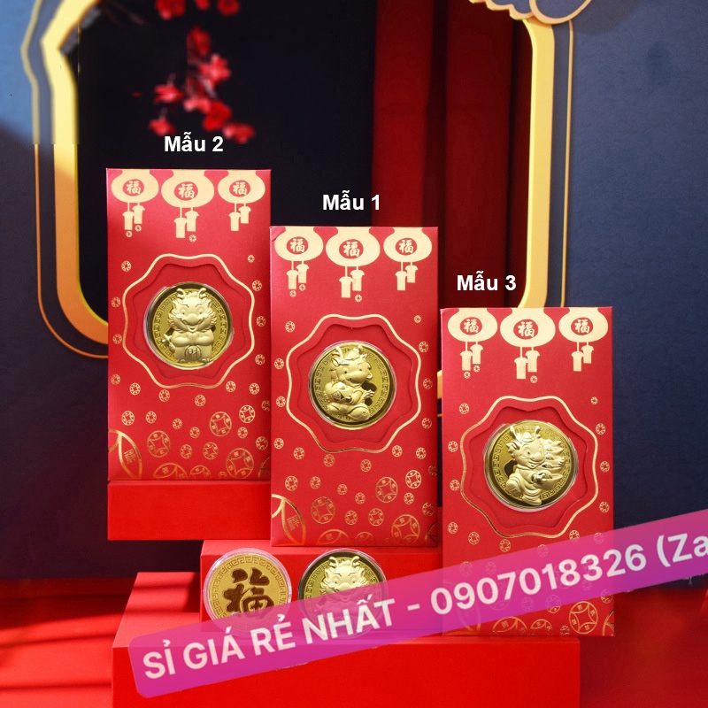 Bao lì xì hình con Thìn, Rồng mạ vàng, Bao lì xì Thần Tài quà tặng phong thủy, Tết Giáp Thìn