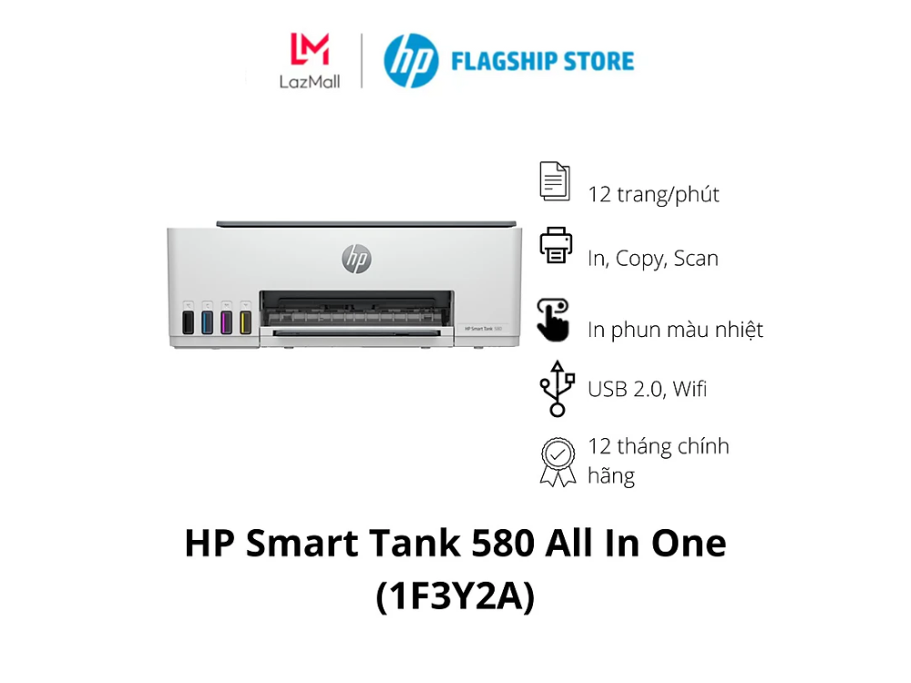 Máy in phun màu HP Smart Tank 580 All In One ( 1F3Y2A ) Print | Copy | Scan. Hàng chính hãng