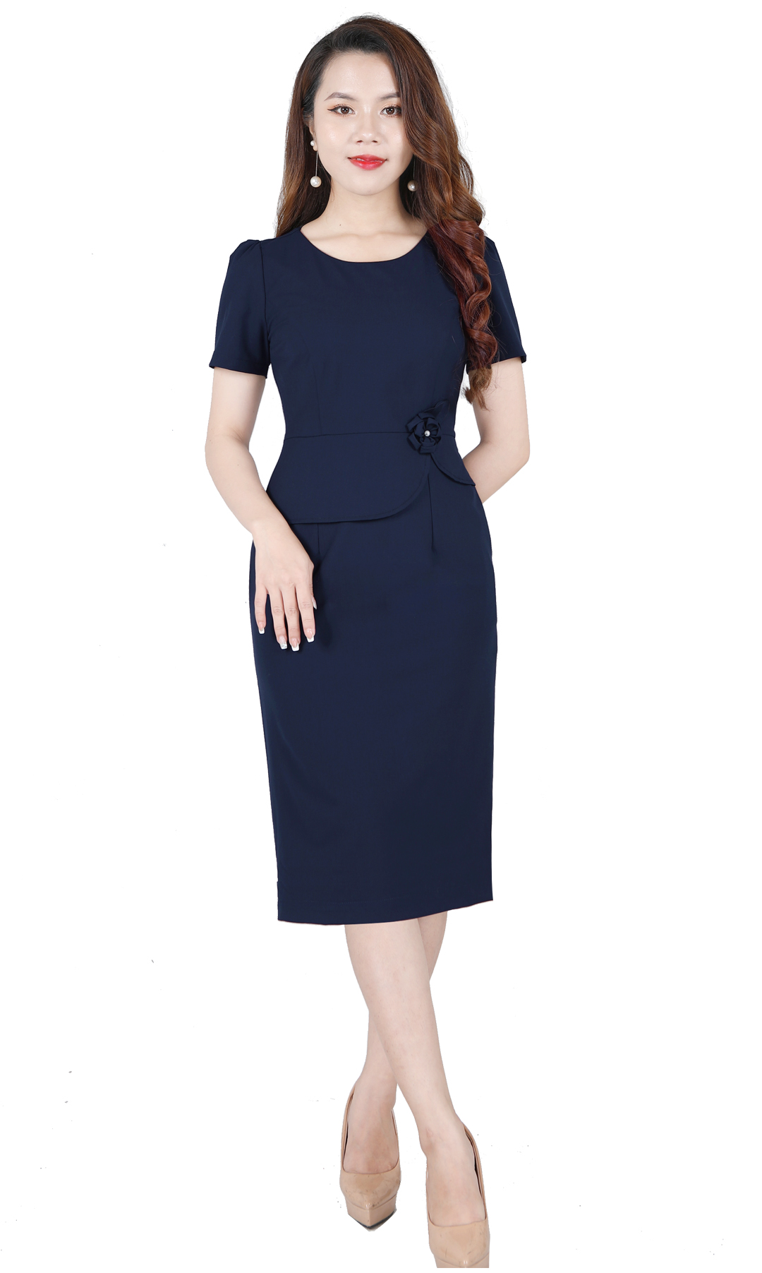 Đầm Peplum Xanh Đen Kết Hoa Thủ Công DL806