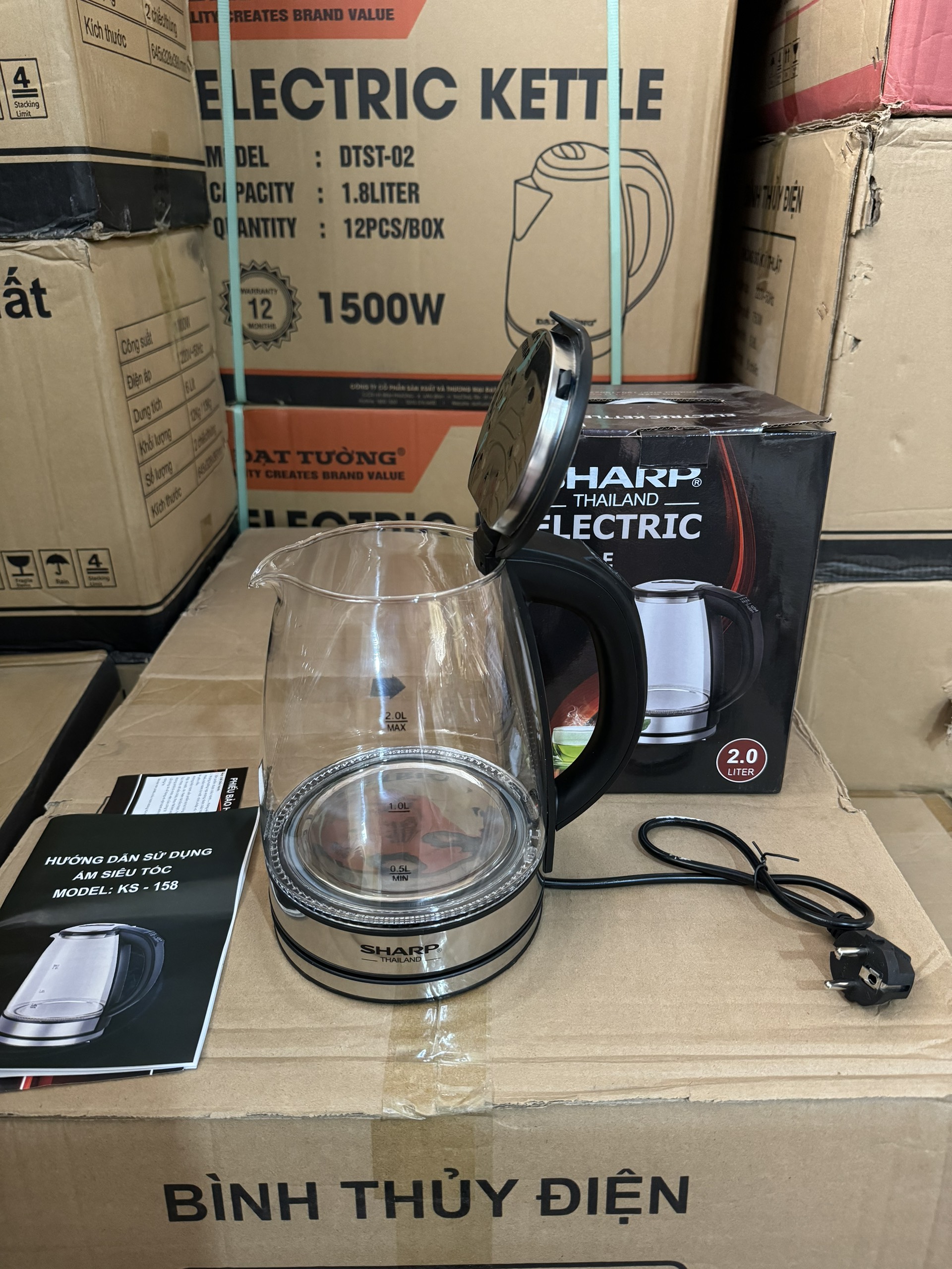 Ấm siêu tốc Sharp thủy tinh, dung tích 2 Lít, bình đun siêu tốc sharp 2 lit, điều khiển điện tử