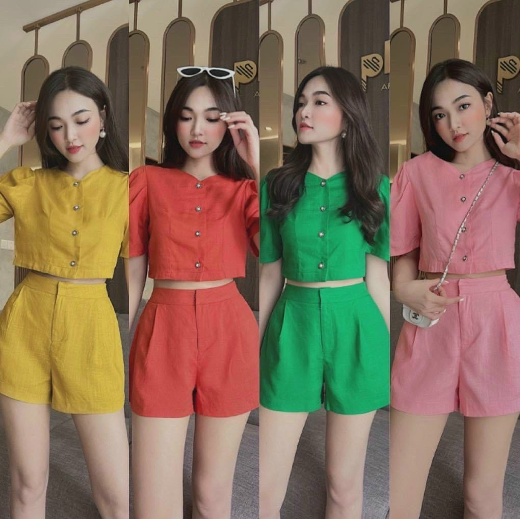 Set đồ nữ công sở, set áo vest croptop cổ tròn quần short phồng, set bộ vest đùi tay búp nút nhiều màu sắc, thời trang đơn giản đi làm, đi chơi trẻ trung