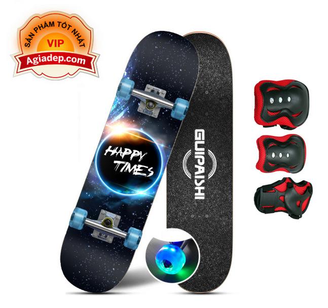 Ván trượt thanh thiếu niên có bánh phát sáng Skateboard sành điệu + Bộ bảo vệ tay chân - Hàng xịn xuất Châu Âu