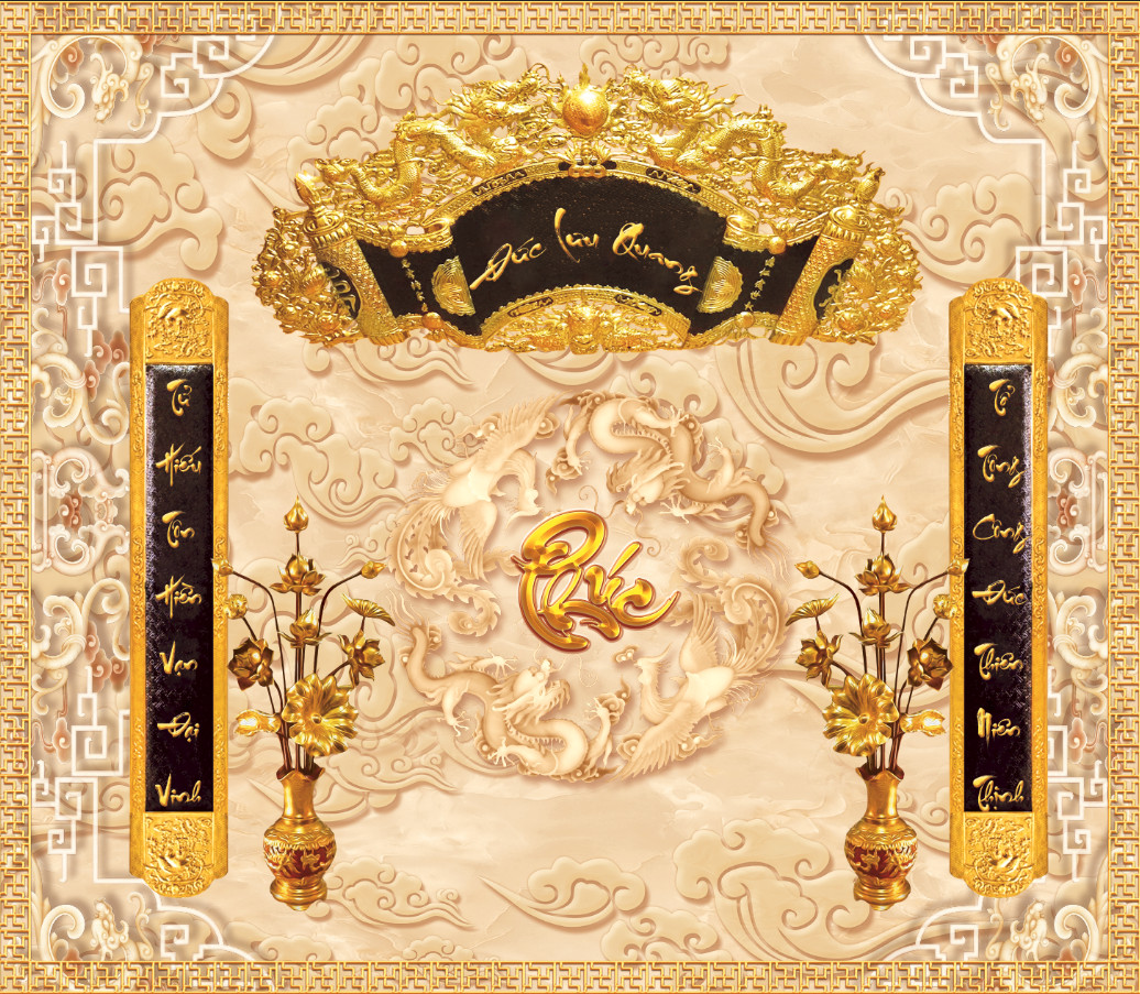 Tranh dán tường phòng thờ, "Ngũ phúc lâm môn" tích hợp sẵn keo- Bề mặt kim sa đẹp mắt