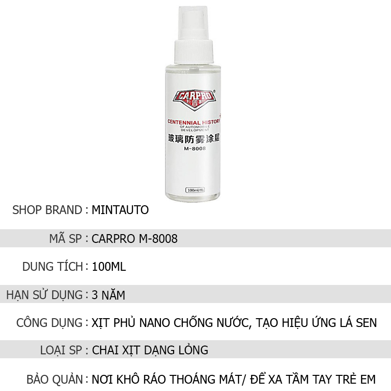 Chai Xịt Phủ Nano Chống Nước Kính Lái Ô Tô Tạo Hiệu Ứng Lá Sen CarPro M-8008 Dung Tích 100ml