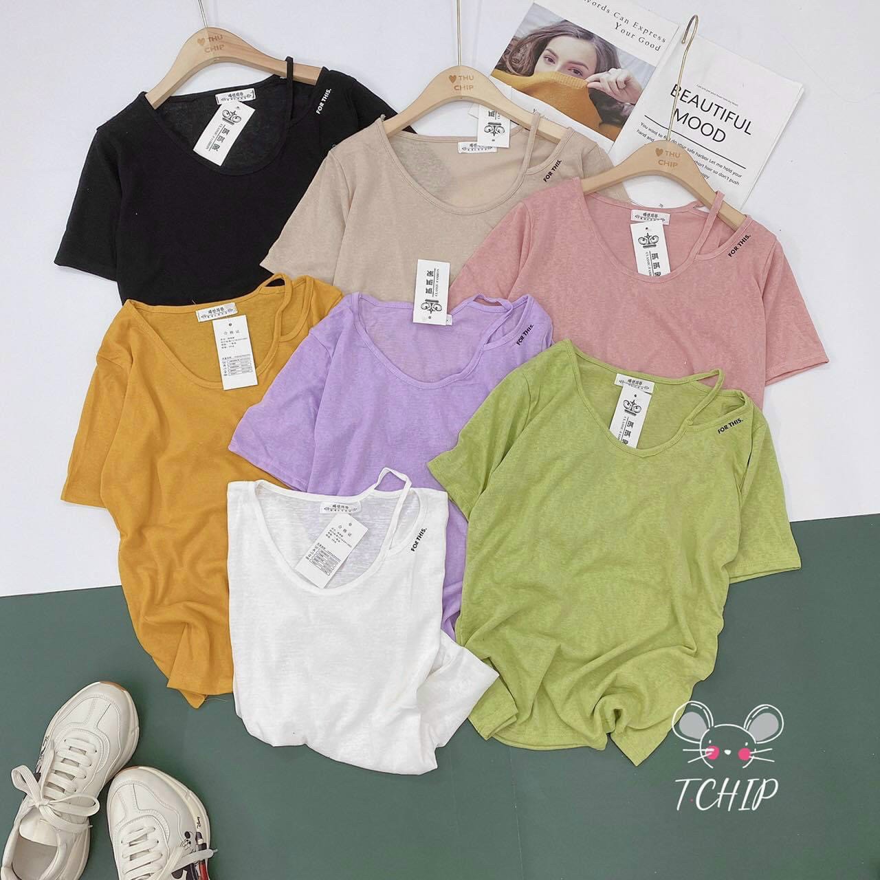 Áo Thun Form Rộng Cổ Tim In Chữ Nhỏ Hở Một Bên Vai Sành Điệu TTSLA0301