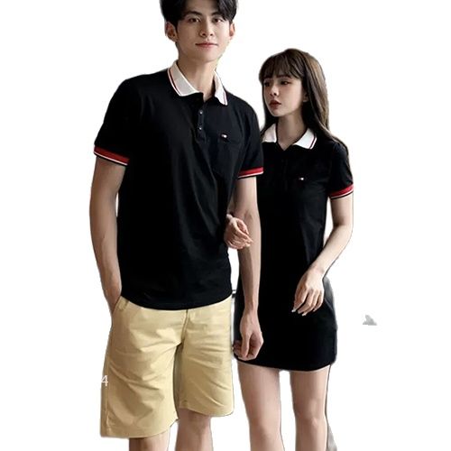 Áo váy thun đôi đen cổ trắng Tommy