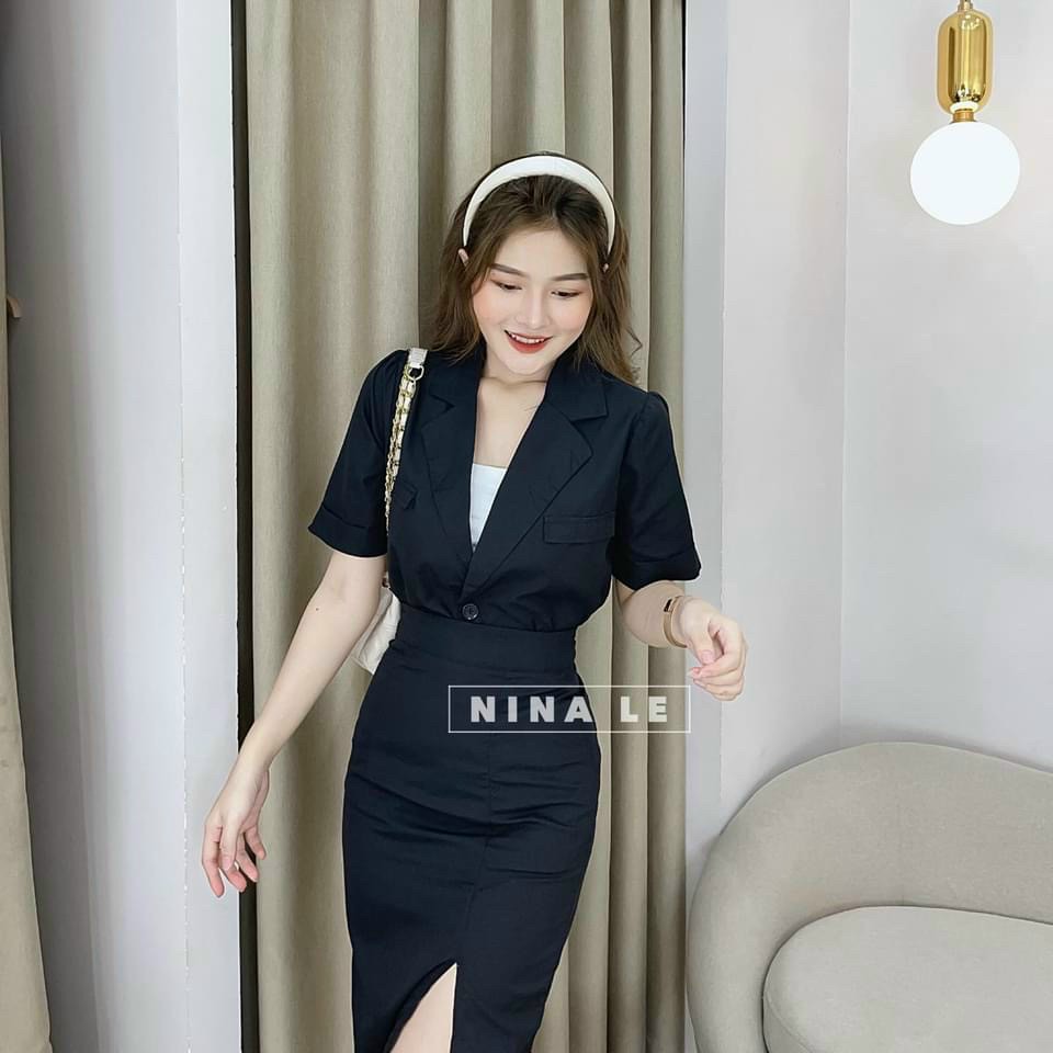 Set váy xẻ tà áo vest kèm lót thanh lịch xinh