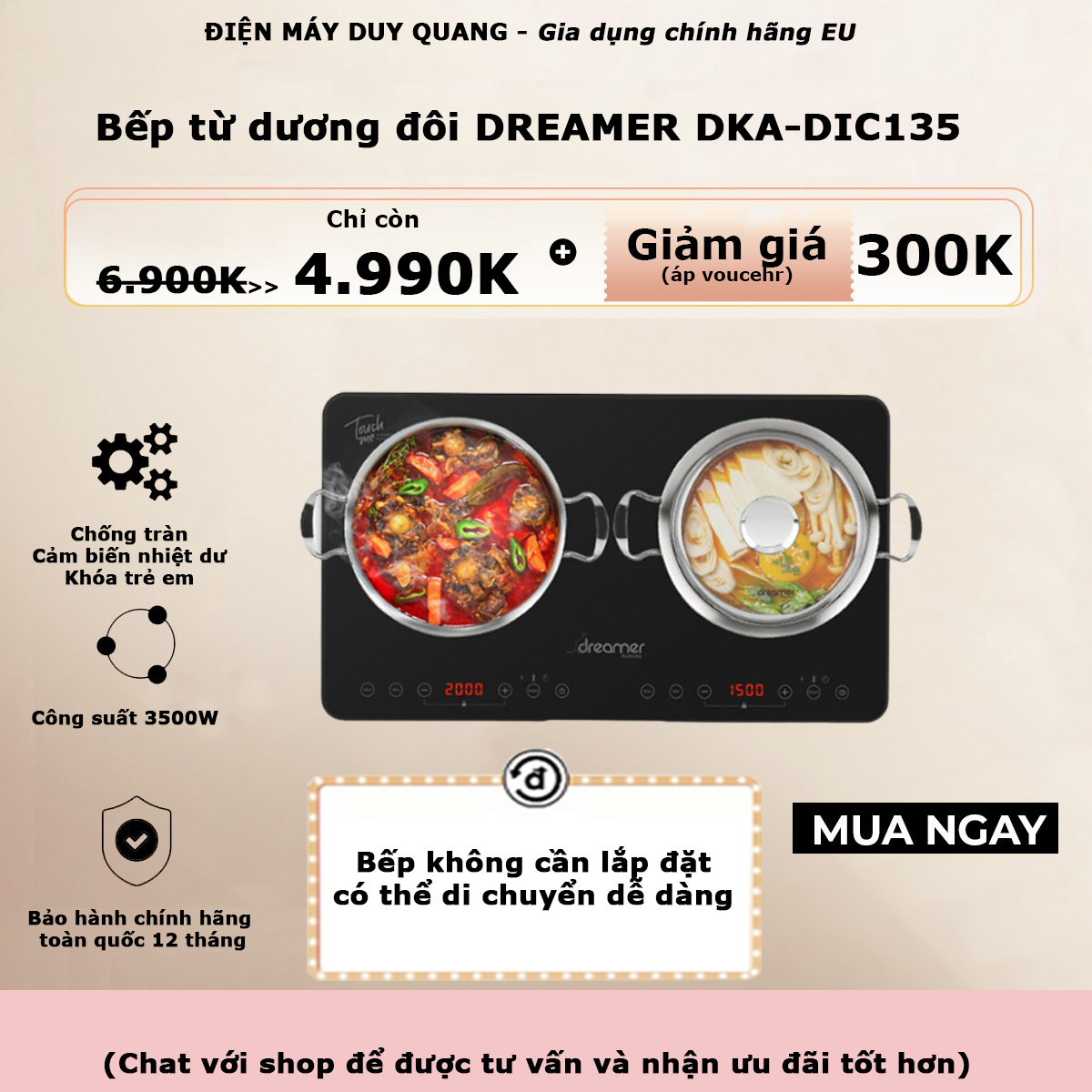 BẾP TỪ DƯƠNG ĐÔI DREAMER DKA-DIC135B ( Đen ) - DKA-DIC135G ( Xám )