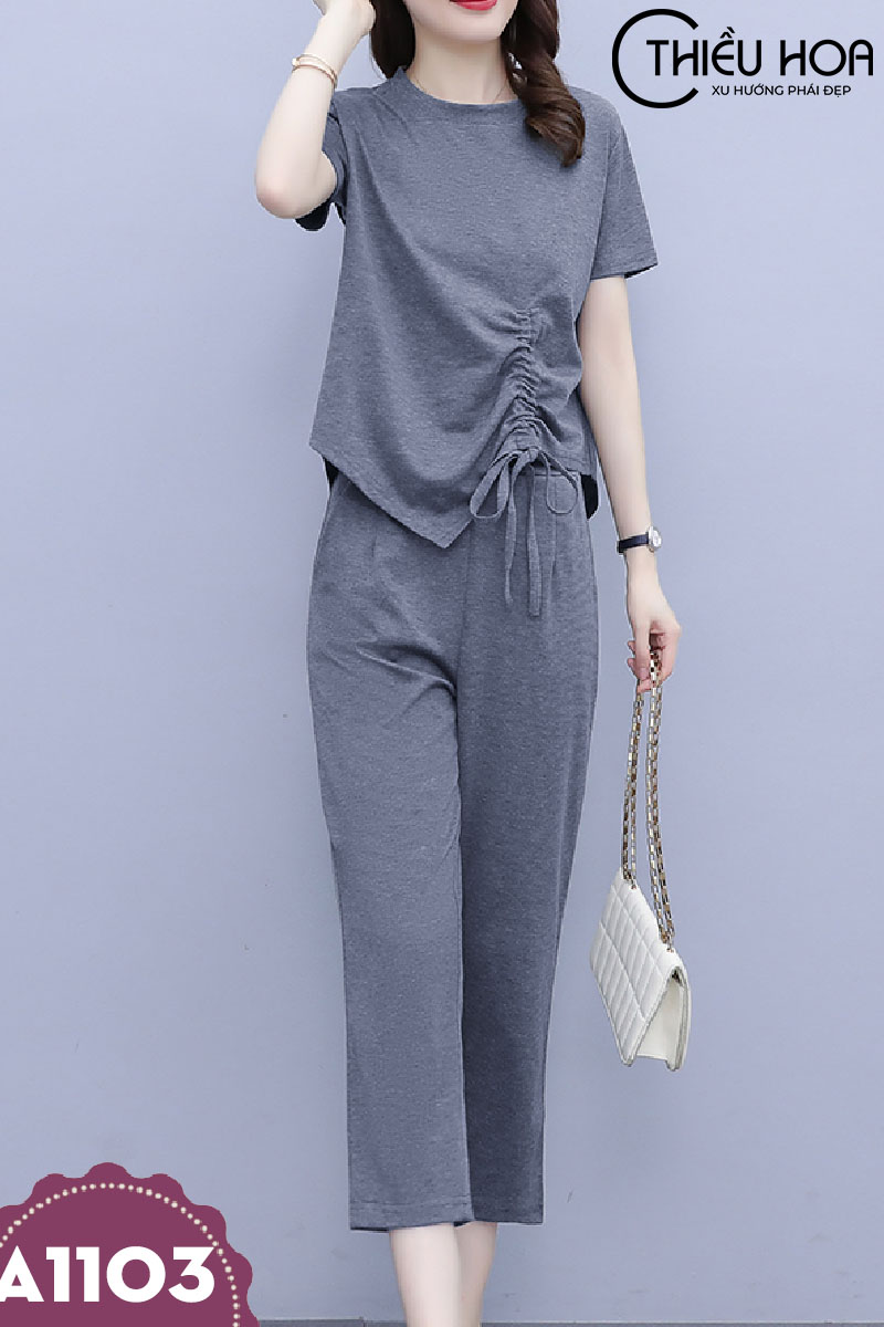 Đồ bộ nữ thun cotton cao cấp co giản mềm nhẹ mát 2 màu đen xám mặc nhà đi dạo đủ size từ 4880kg MSP A1103