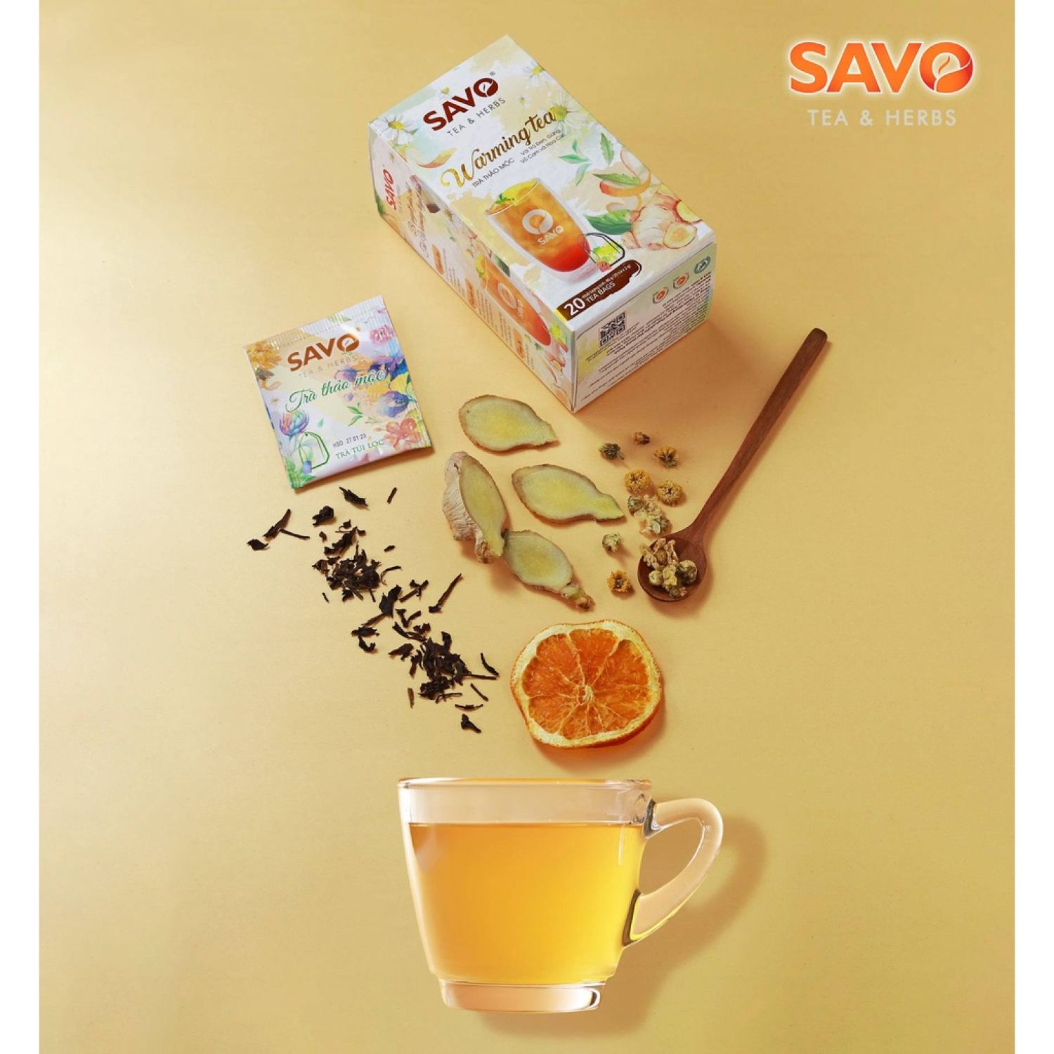 Trà Warming SAVO - Trà thảo mộc (trà đen, gừng, hoa cúc, vỏ cam)