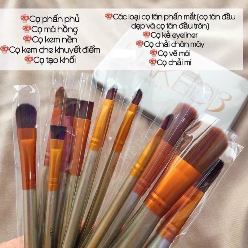 Bộ cọ trang điểm 12 món Nake .lông mịn đầy đủ chức năng trang điểm ,kèm hộp thiếc sang trọng ,nhỏ gọn tiện mang theo