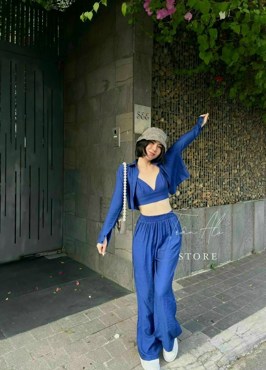 Sét 3 món thời trang nữ đi biển chất đũi, sét đi biển quần dài, sét bộ bikini 3 món đi biển, set bộ 3 món croptop 2 dây, áo trong có mút ngực kèm áo khoac,thích hợp đi chơi, đi biển