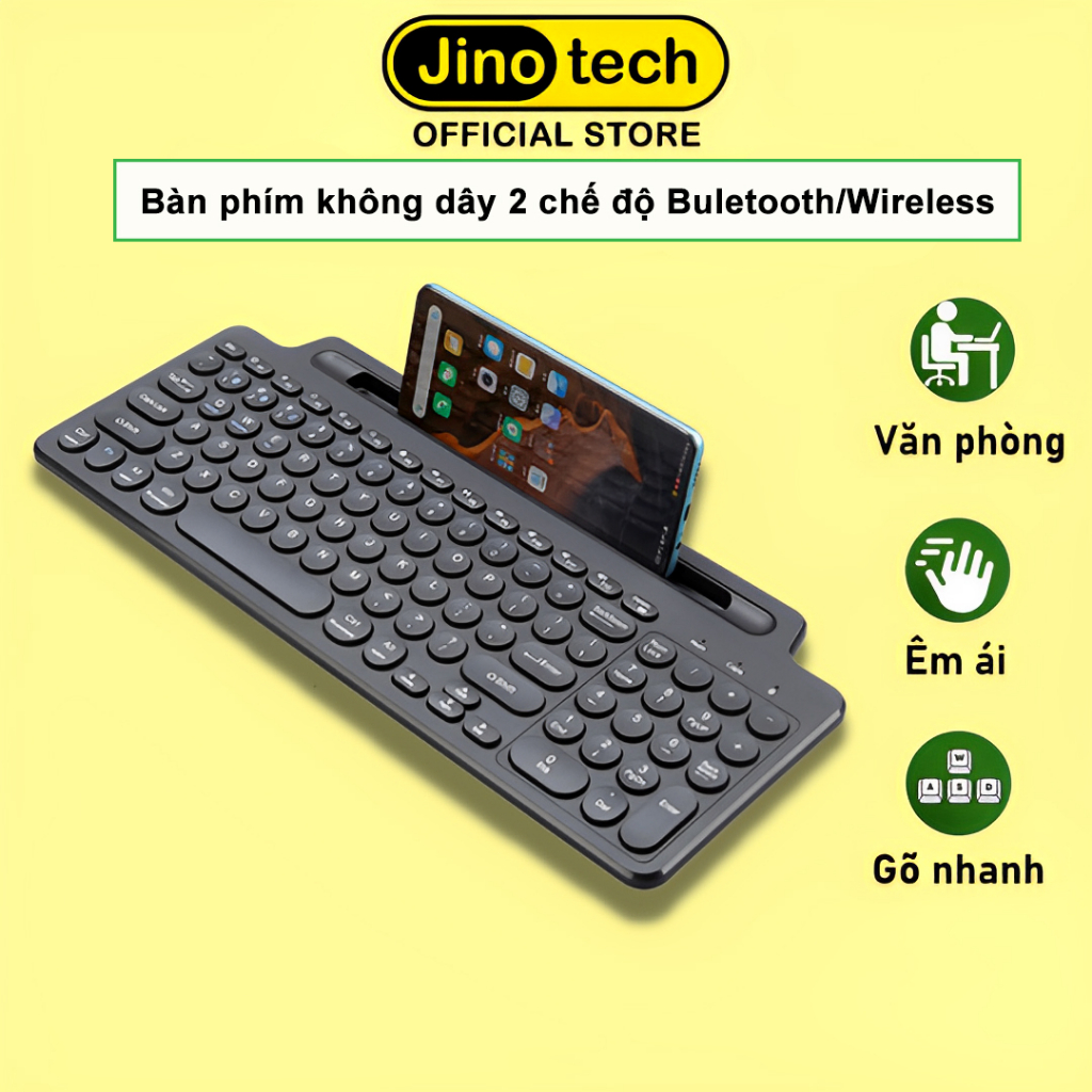 Bàn phím không dây 2 chế độ bluetooth và 2.4GHZ JINOTECH BK569s cho máy tính, điện thoại, table, PC , bàn phím văn phòng